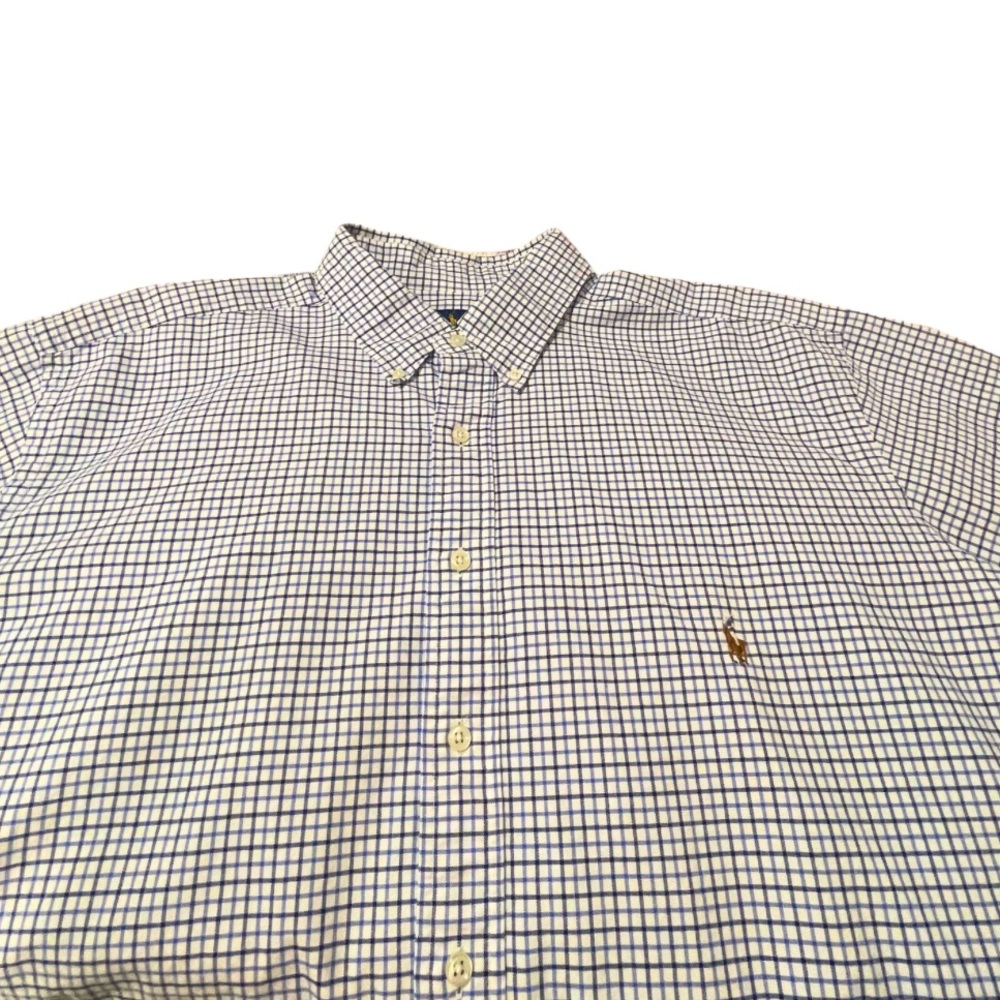 Ralph Lauren Mens White & Blue Checked Button Down Dress Shirt Flesh Pony Work